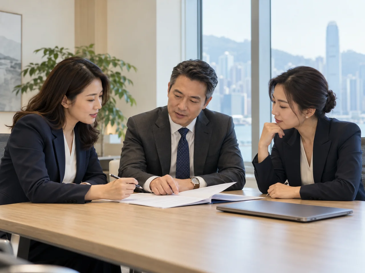 專業人士討論顧問服務文件的示意場景